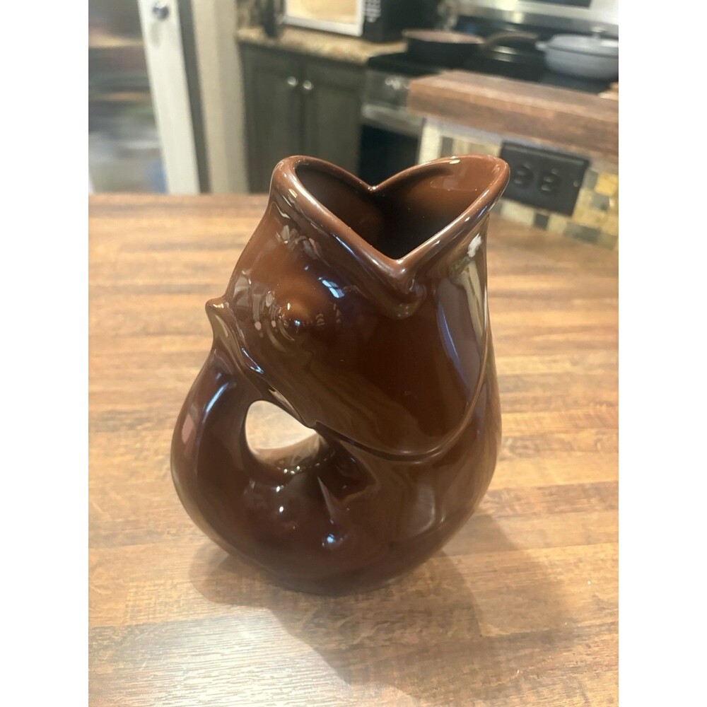 GurglePot Brown Ceramic Fish Pitcher, Glossy Pottery, Dishwasher Safe